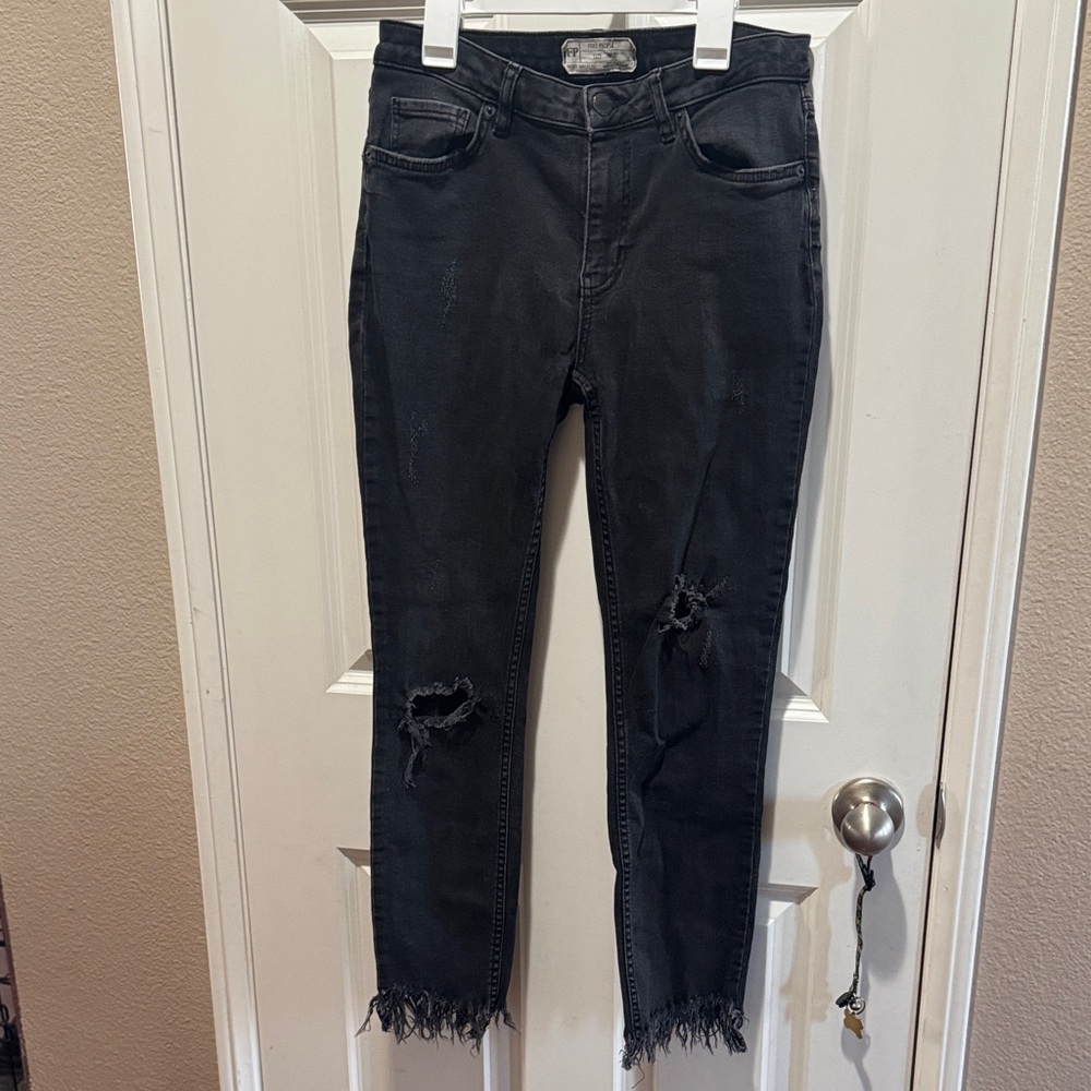 Free People Charcoal Distressed Cropped Jeans